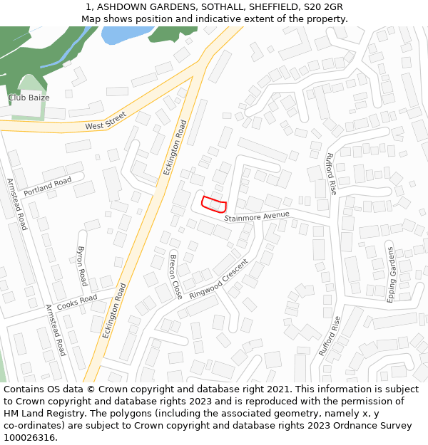 1, ASHDOWN GARDENS, SOTHALL, SHEFFIELD, S20 2GR: Location map and indicative extent of plot