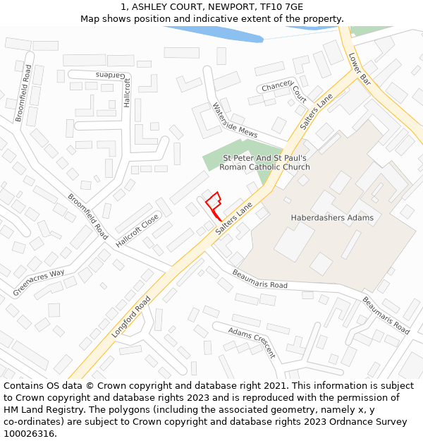 1, ASHLEY COURT, NEWPORT, TF10 7GE: Location map and indicative extent of plot