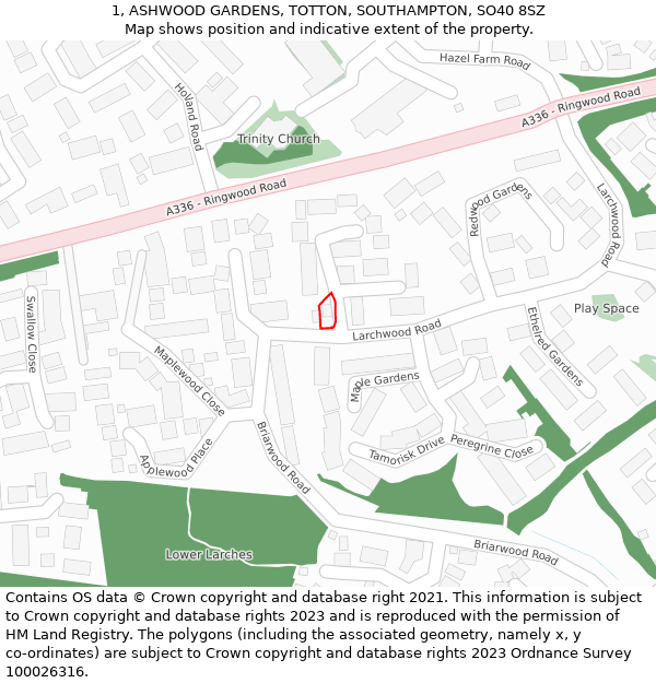 1, ASHWOOD GARDENS, TOTTON, SOUTHAMPTON, SO40 8SZ: Location map and indicative extent of plot