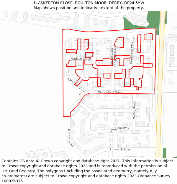 1, ASKERTON CLOSE, BOULTON MOOR, DERBY, DE24 5AW: Location map and indicative extent of plot