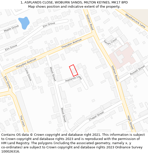 1, ASPLANDS CLOSE, WOBURN SANDS, MILTON KEYNES, MK17 8PD: Location map and indicative extent of plot