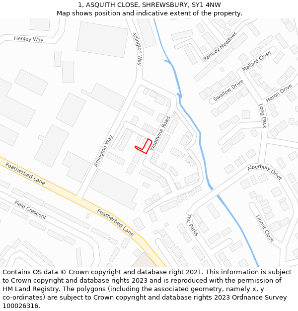 1, ASQUITH CLOSE, SHREWSBURY, SY1 4NW: Location map and indicative extent of plot