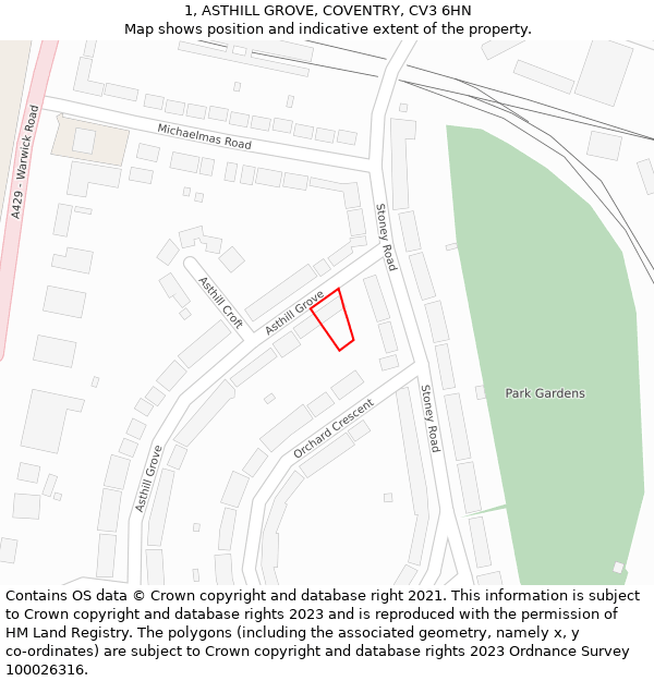 1, ASTHILL GROVE, COVENTRY, CV3 6HN: Location map and indicative extent of plot