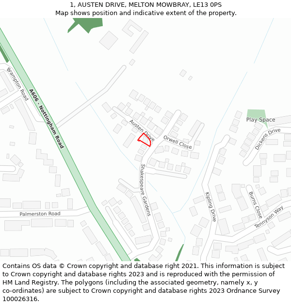 1, AUSTEN DRIVE, MELTON MOWBRAY, LE13 0PS: Location map and indicative extent of plot