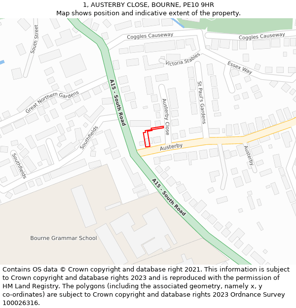 1, AUSTERBY CLOSE, BOURNE, PE10 9HR: Location map and indicative extent of plot