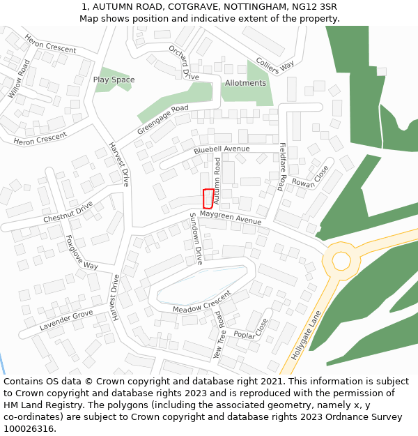 1, AUTUMN ROAD, COTGRAVE, NOTTINGHAM, NG12 3SR: Location map and indicative extent of plot