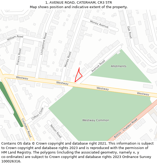 1, AVENUE ROAD, CATERHAM, CR3 5TR: Location map and indicative extent of plot