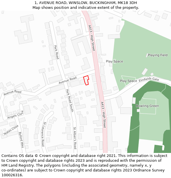 1, AVENUE ROAD, WINSLOW, BUCKINGHAM, MK18 3DH: Location map and indicative extent of plot