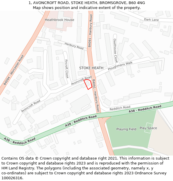1, AVONCROFT ROAD, STOKE HEATH, BROMSGROVE, B60 4NG: Location map and indicative extent of plot