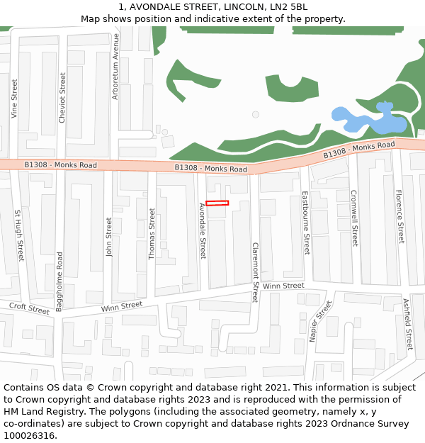 1, AVONDALE STREET, LINCOLN, LN2 5BL: Location map and indicative extent of plot