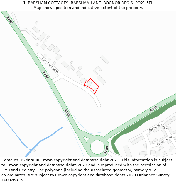 1, BABSHAM COTTAGES, BABSHAM LANE, BOGNOR REGIS, PO21 5EL: Location map and indicative extent of plot