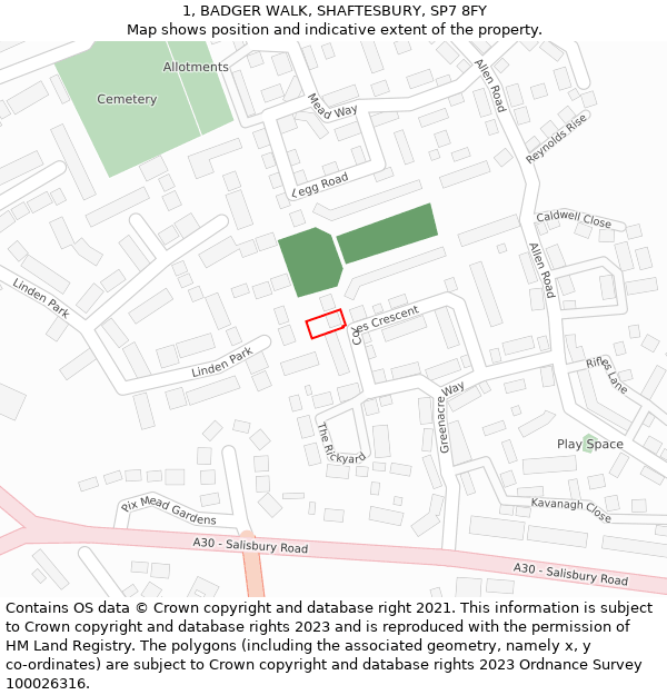 1, BADGER WALK, SHAFTESBURY, SP7 8FY: Location map and indicative extent of plot