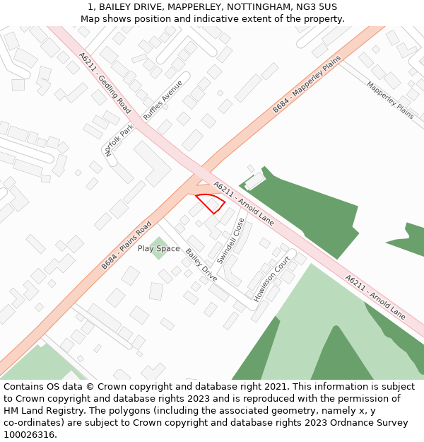 1, BAILEY DRIVE, MAPPERLEY, NOTTINGHAM, NG3 5US: Location map and indicative extent of plot