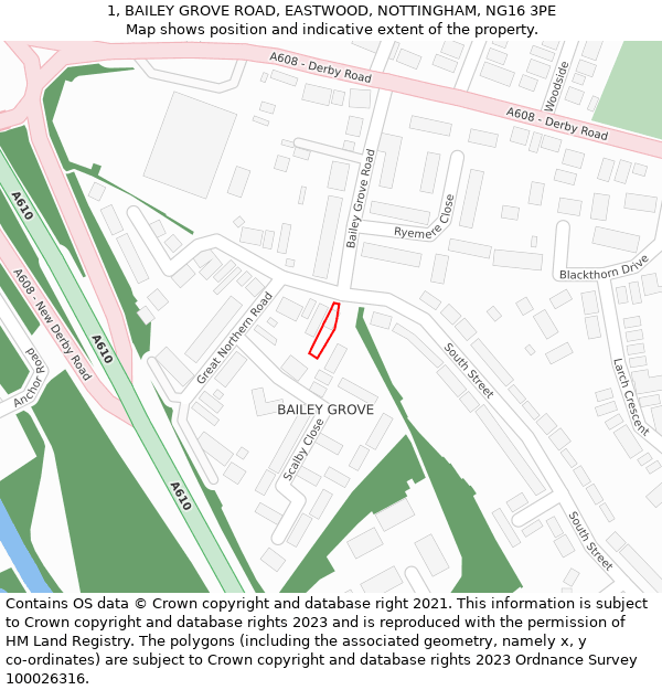 1, BAILEY GROVE ROAD, EASTWOOD, NOTTINGHAM, NG16 3PE: Location map and indicative extent of plot
