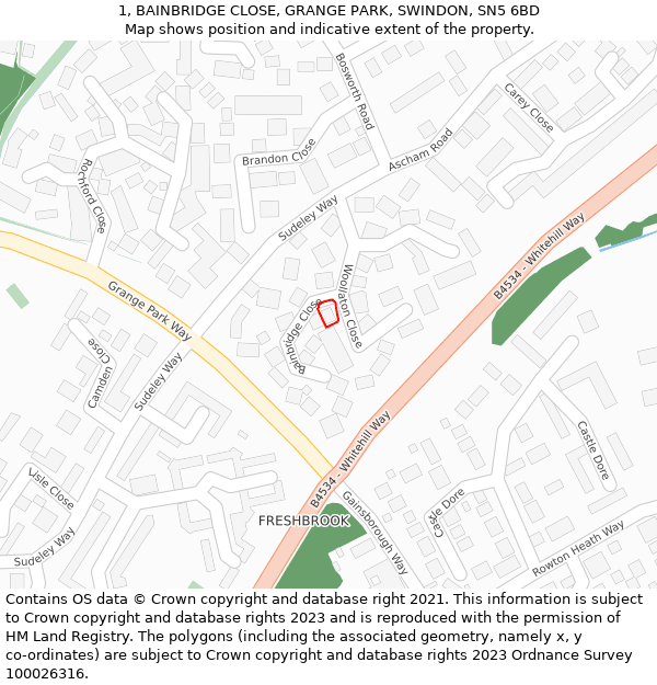 1, BAINBRIDGE CLOSE, GRANGE PARK, SWINDON, SN5 6BD: Location map and indicative extent of plot