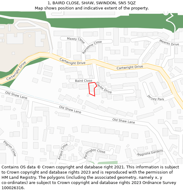 1, BAIRD CLOSE, SHAW, SWINDON, SN5 5QZ: Location map and indicative extent of plot