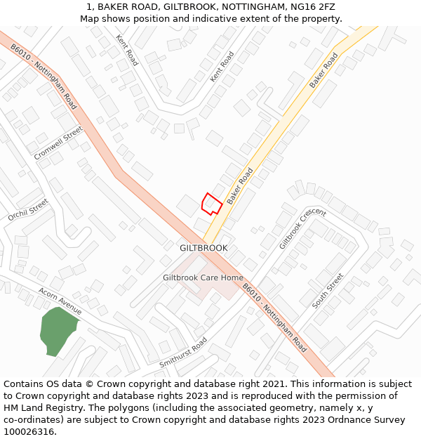 1, BAKER ROAD, GILTBROOK, NOTTINGHAM, NG16 2FZ: Location map and indicative extent of plot
