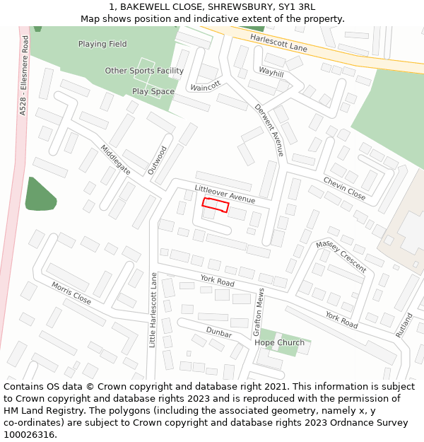 1, BAKEWELL CLOSE, SHREWSBURY, SY1 3RL: Location map and indicative extent of plot