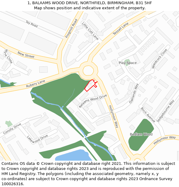 1, BALAAMS WOOD DRIVE, NORTHFIELD, BIRMINGHAM, B31 5HF: Location map and indicative extent of plot