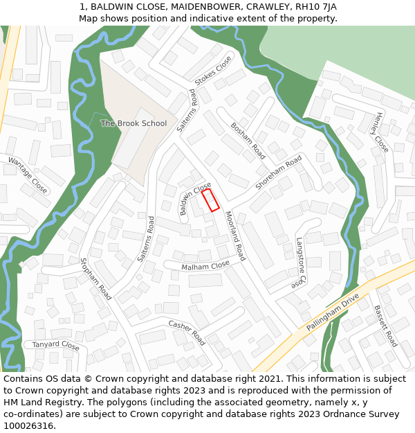1, BALDWIN CLOSE, MAIDENBOWER, CRAWLEY, RH10 7JA: Location map and indicative extent of plot