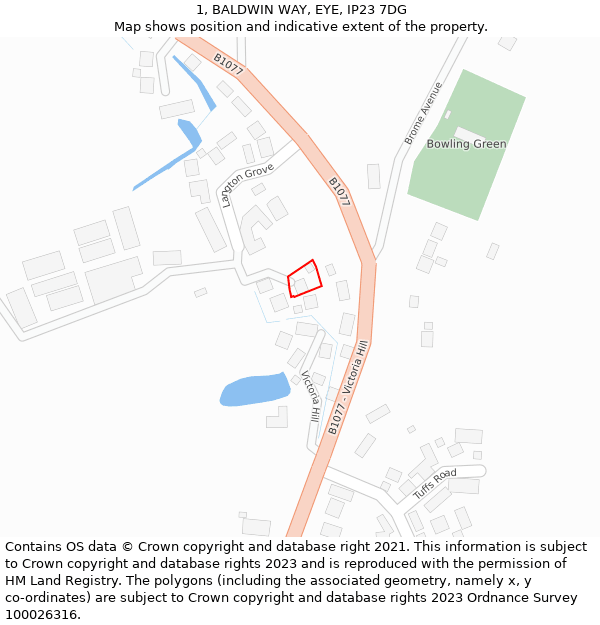 1, BALDWIN WAY, EYE, IP23 7DG: Location map and indicative extent of plot