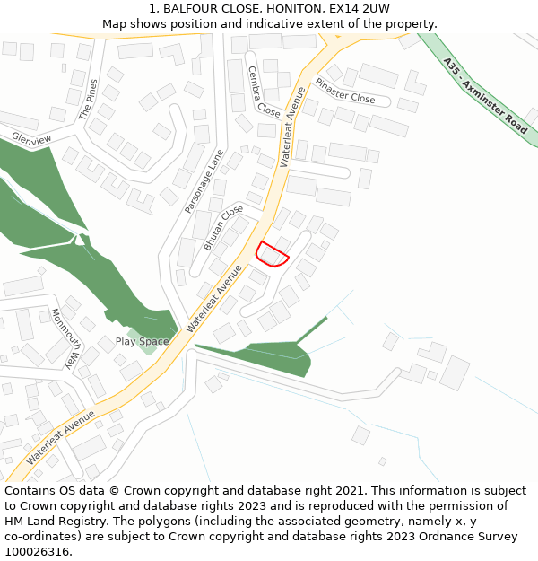 1, BALFOUR CLOSE, HONITON, EX14 2UW: Location map and indicative extent of plot