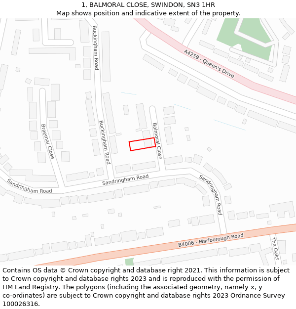 1, BALMORAL CLOSE, SWINDON, SN3 1HR: Location map and indicative extent of plot