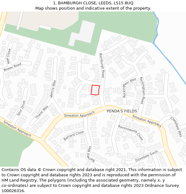 1, BAMBURGH CLOSE, LEEDS, LS15 8UQ: Location map and indicative extent of plot
