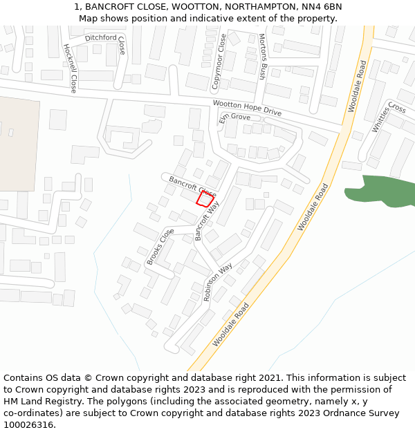 1, BANCROFT CLOSE, WOOTTON, NORTHAMPTON, NN4 6BN: Location map and indicative extent of plot