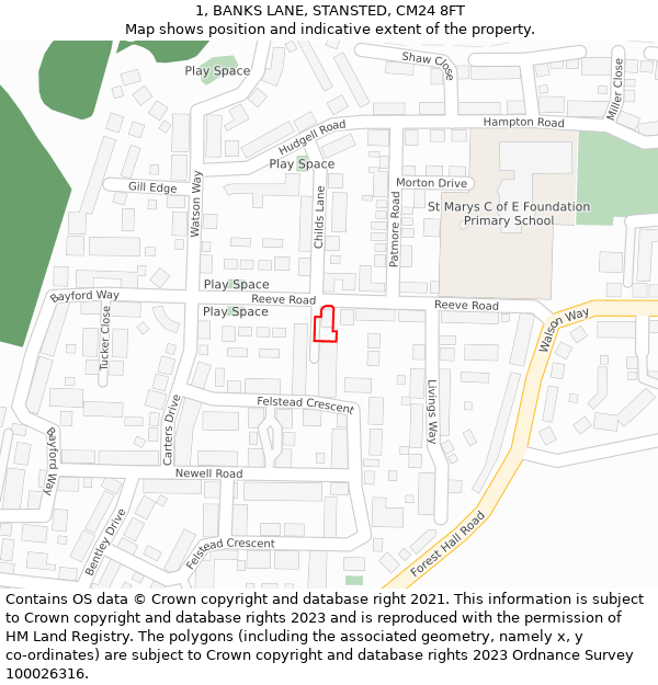 1, BANKS LANE, STANSTED, CM24 8FT: Location map and indicative extent of plot