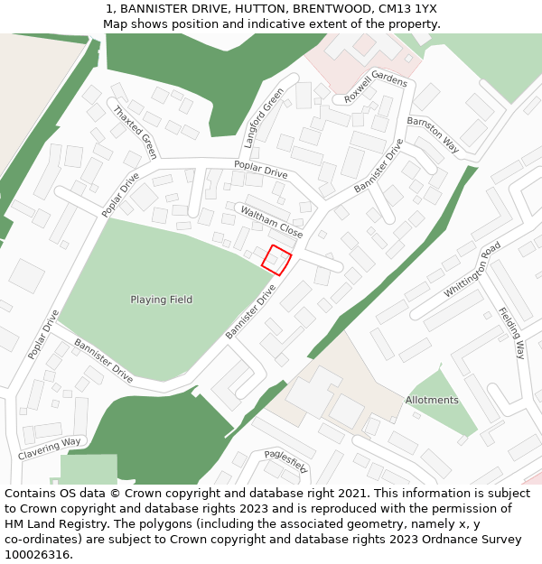 1, BANNISTER DRIVE, HUTTON, BRENTWOOD, CM13 1YX: Location map and indicative extent of plot