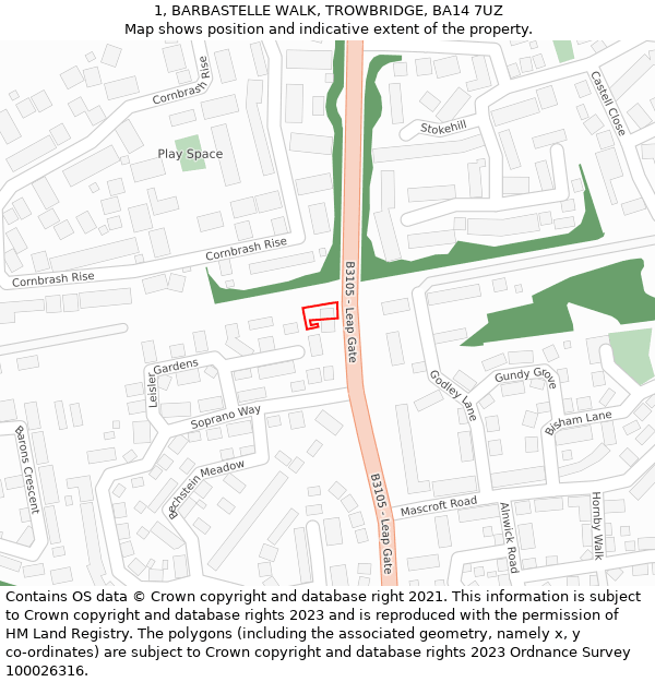 1, BARBASTELLE WALK, TROWBRIDGE, BA14 7UZ: Location map and indicative extent of plot