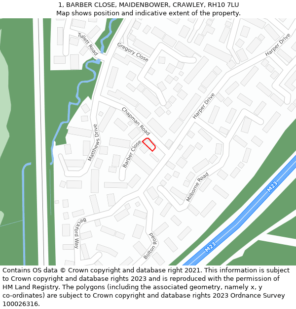 1, BARBER CLOSE, MAIDENBOWER, CRAWLEY, RH10 7LU: Location map and indicative extent of plot