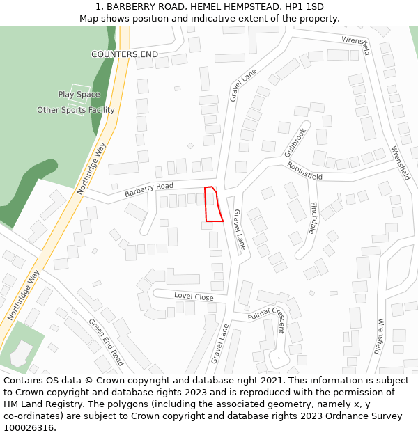 1, BARBERRY ROAD, HEMEL HEMPSTEAD, HP1 1SD: Location map and indicative extent of plot