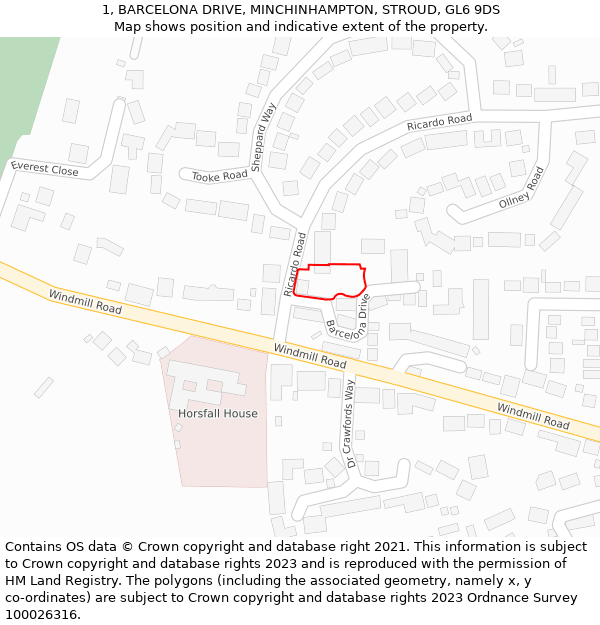 1, BARCELONA DRIVE, MINCHINHAMPTON, STROUD, GL6 9DS: Location map and indicative extent of plot