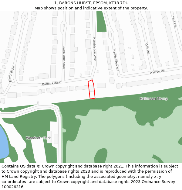 1, BARONS HURST, EPSOM, KT18 7DU: Location map and indicative extent of plot