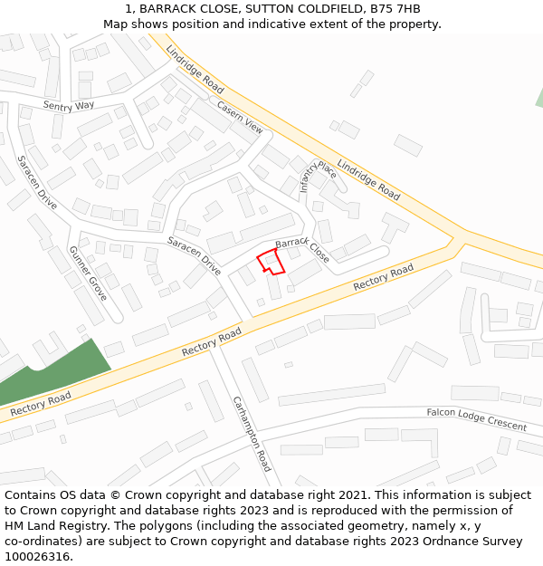 1, BARRACK CLOSE, SUTTON COLDFIELD, B75 7HB: Location map and indicative extent of plot
