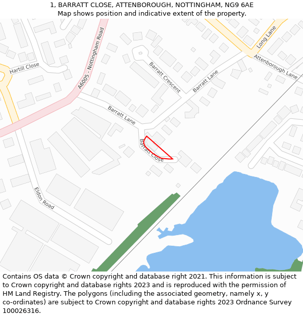 1, BARRATT CLOSE, ATTENBOROUGH, NOTTINGHAM, NG9 6AE: Location map and indicative extent of plot