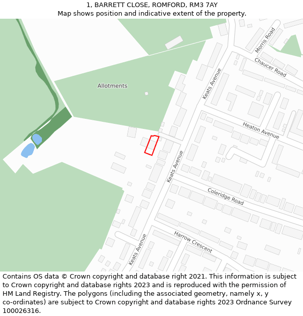 1, BARRETT CLOSE, ROMFORD, RM3 7AY: Location map and indicative extent of plot