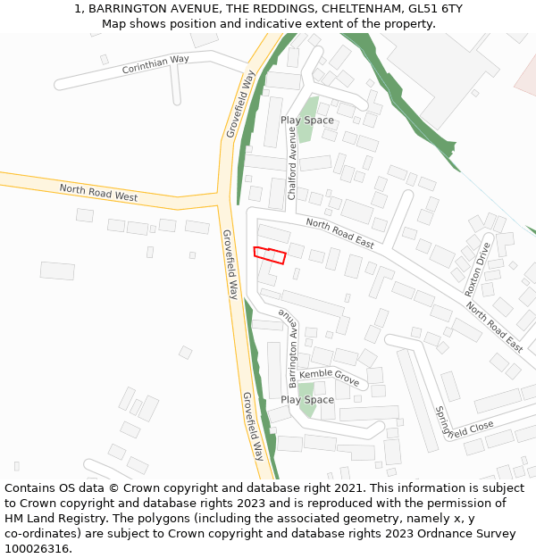 1, BARRINGTON AVENUE, THE REDDINGS, CHELTENHAM, GL51 6TY: Location map and indicative extent of plot