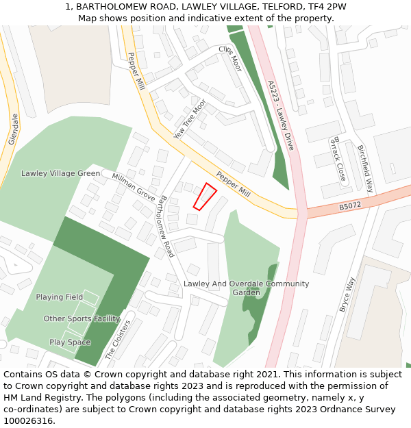 1, BARTHOLOMEW ROAD, LAWLEY VILLAGE, TELFORD, TF4 2PW: Location map and indicative extent of plot