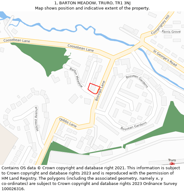 1, BARTON MEADOW, TRURO, TR1 3NJ: Location map and indicative extent of plot