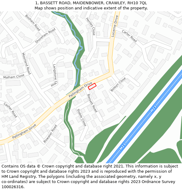 1, BASSETT ROAD, MAIDENBOWER, CRAWLEY, RH10 7QL: Location map and indicative extent of plot