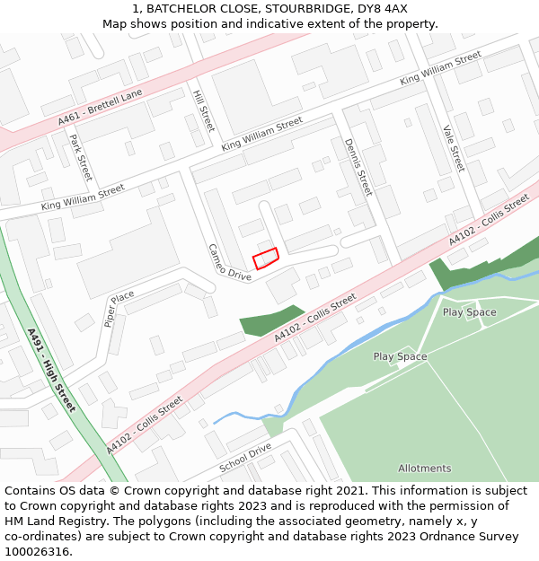 1, BATCHELOR CLOSE, STOURBRIDGE, DY8 4AX: Location map and indicative extent of plot