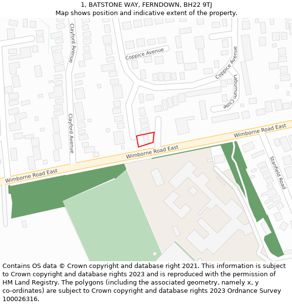 1, BATSTONE WAY, FERNDOWN, BH22 9TJ: Location map and indicative extent of plot