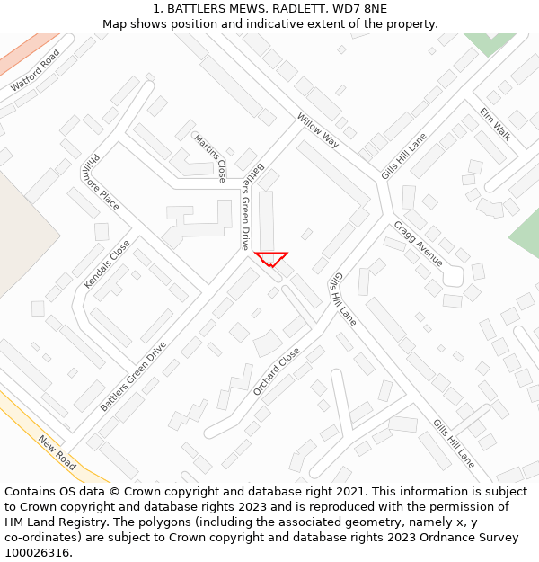 1, BATTLERS MEWS, RADLETT, WD7 8NE: Location map and indicative extent of plot