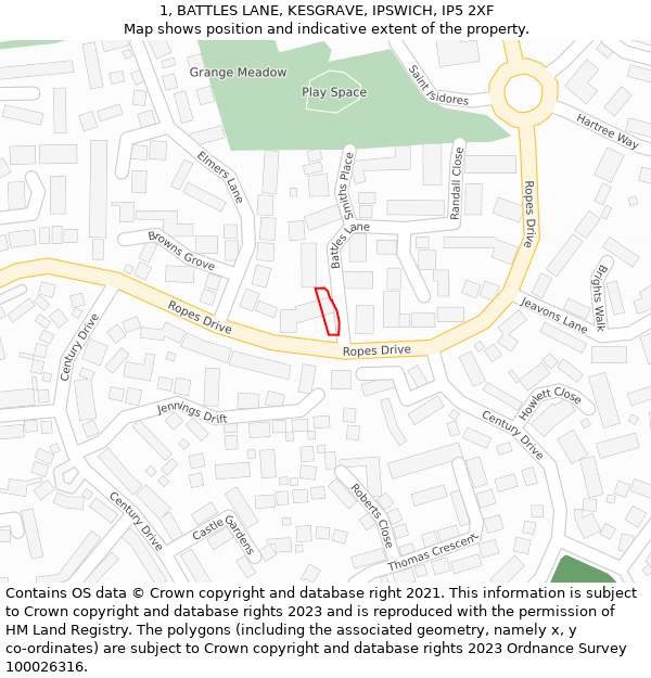 1, BATTLES LANE, KESGRAVE, IPSWICH, IP5 2XF: Location map and indicative extent of plot