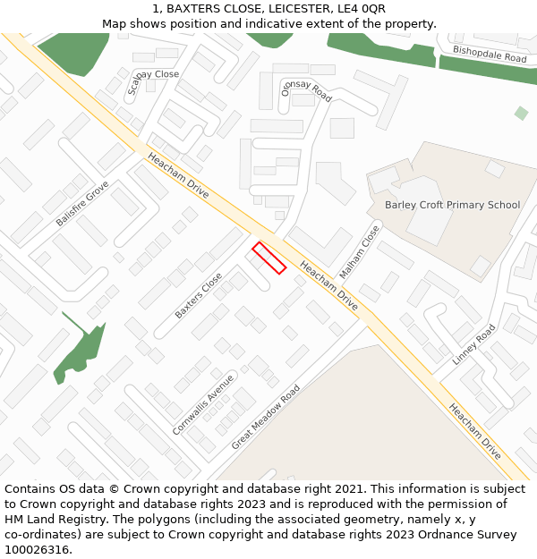 1, BAXTERS CLOSE, LEICESTER, LE4 0QR: Location map and indicative extent of plot