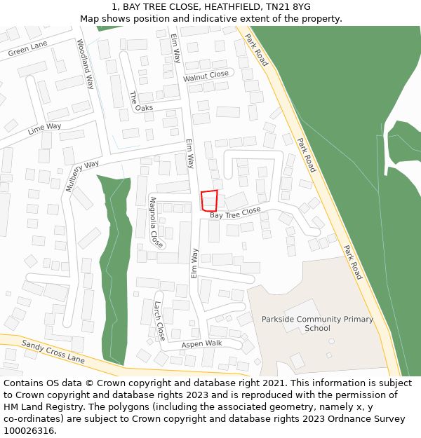 1, BAY TREE CLOSE, HEATHFIELD, TN21 8YG: Location map and indicative extent of plot