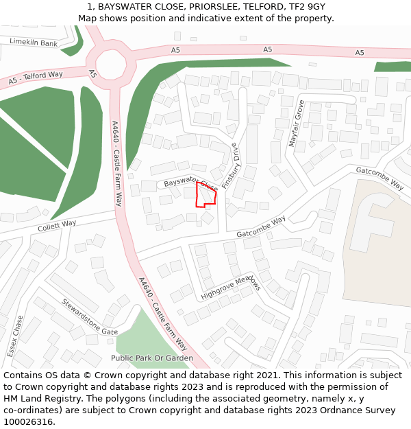 1, BAYSWATER CLOSE, PRIORSLEE, TELFORD, TF2 9GY: Location map and indicative extent of plot